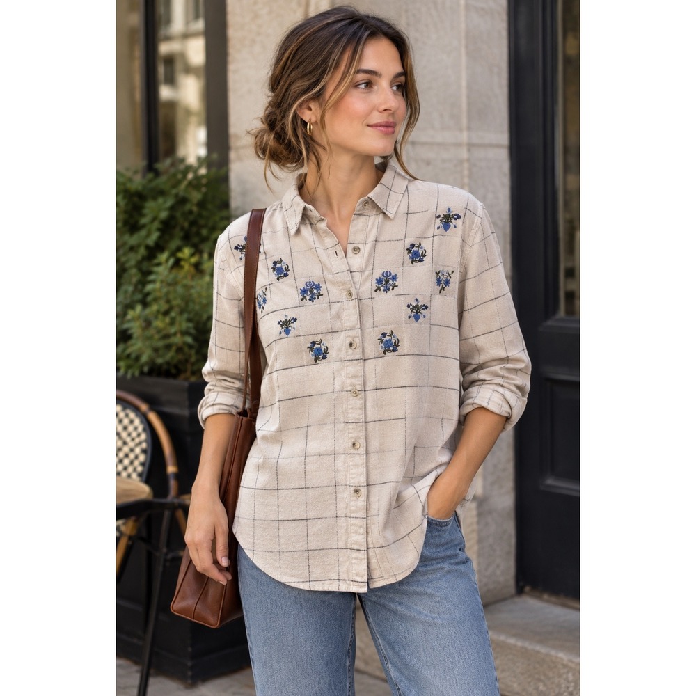 VTG Huntington Ridge Beige Plaid Floral Embroidered Cotton Button Down - Size M